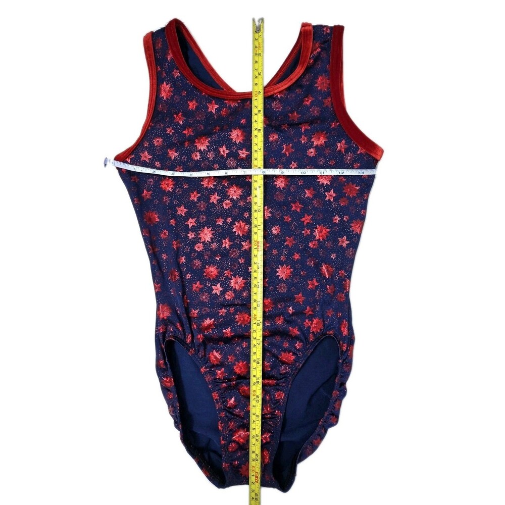 GK Elite VTG Foiled Star Spangled Navy Red Keyhole Tank Leotard Vneck Size AL - Picture 11 of 12